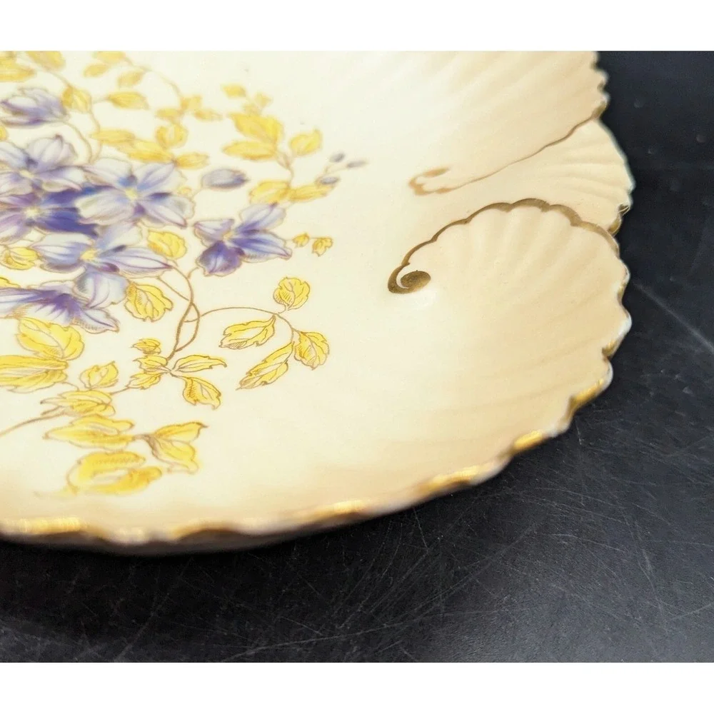Antique‎ Fluted Porcelain Square Nut Candy Dish Purple Flower Violet 9